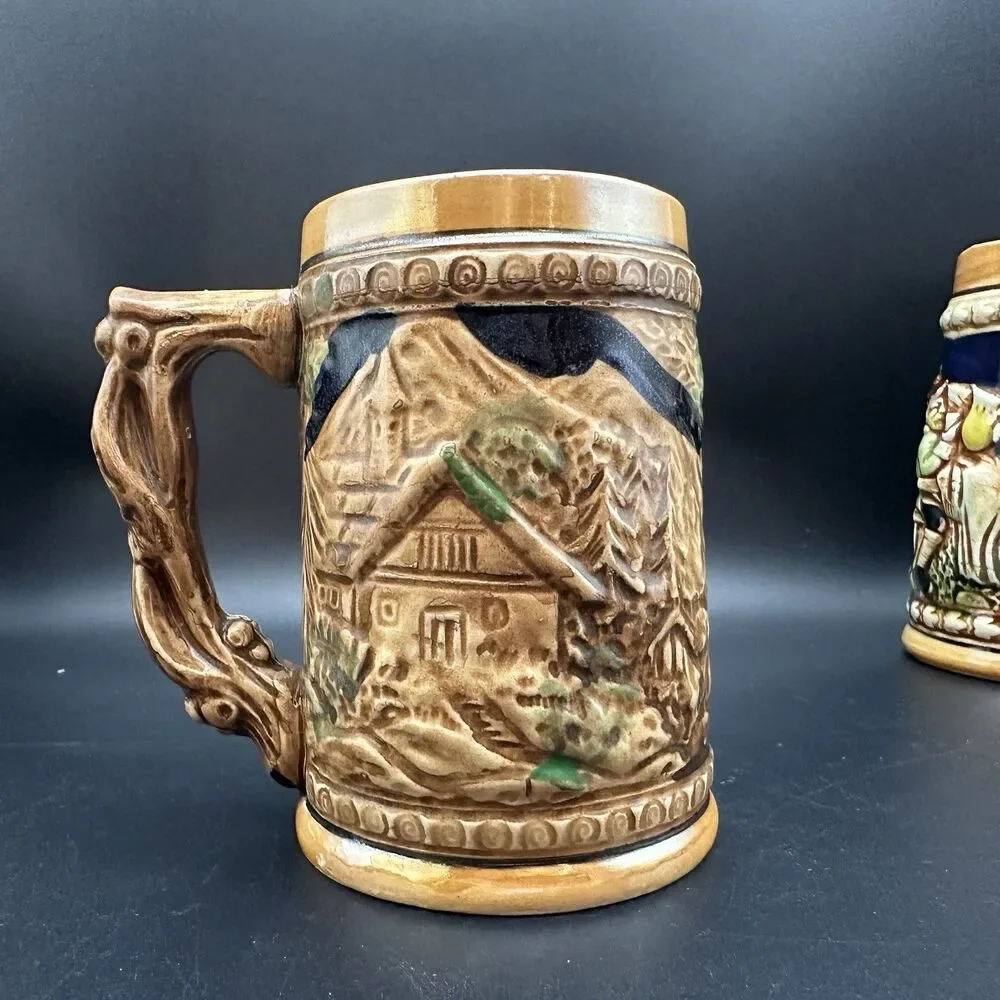 Vintage Mini Beer Steins Set of 3 Bavarian Tavern Monks Relief Ceramic Barware